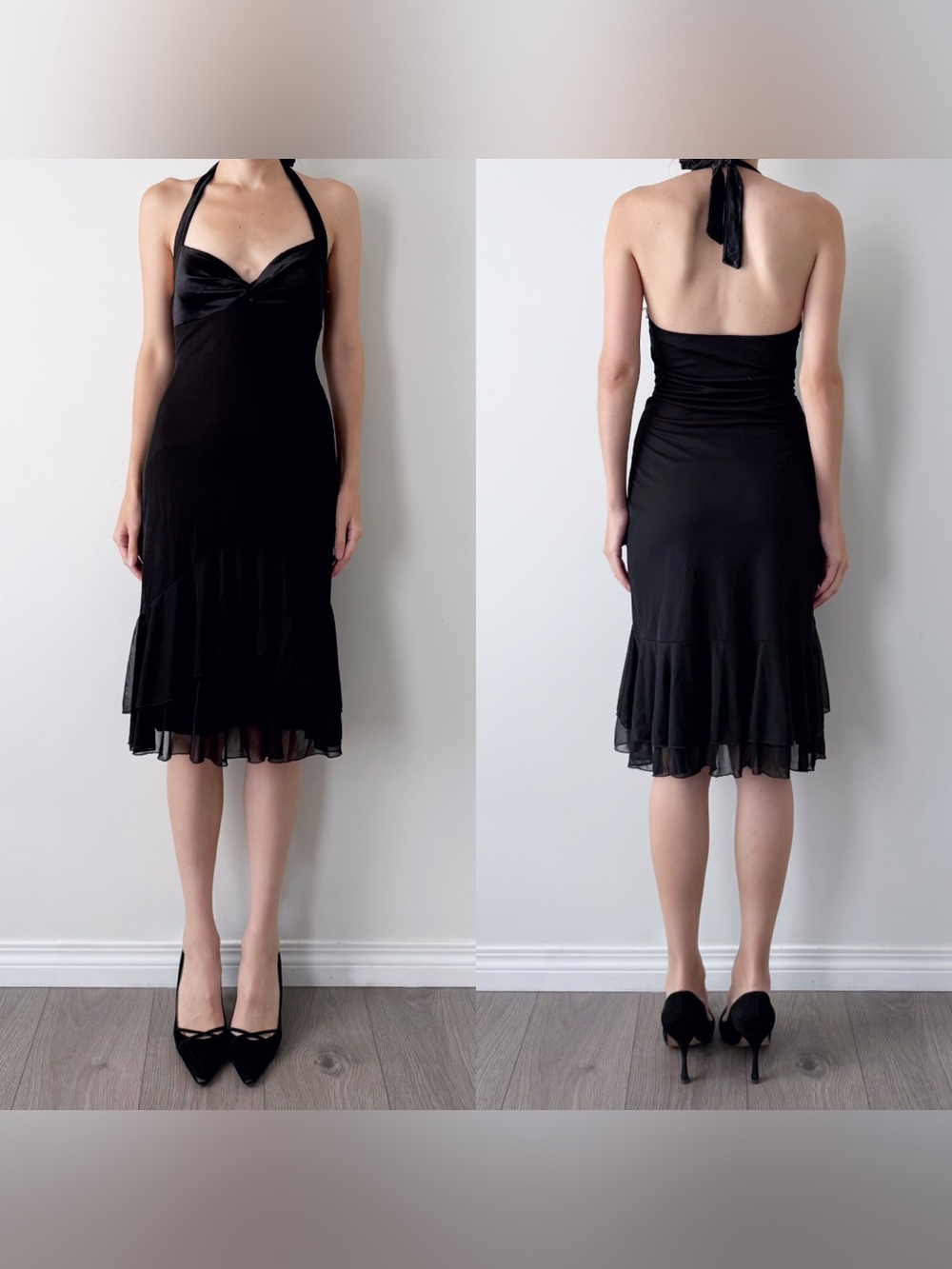 Vintage Morgan De Toi mesh ruffle halter midi dress